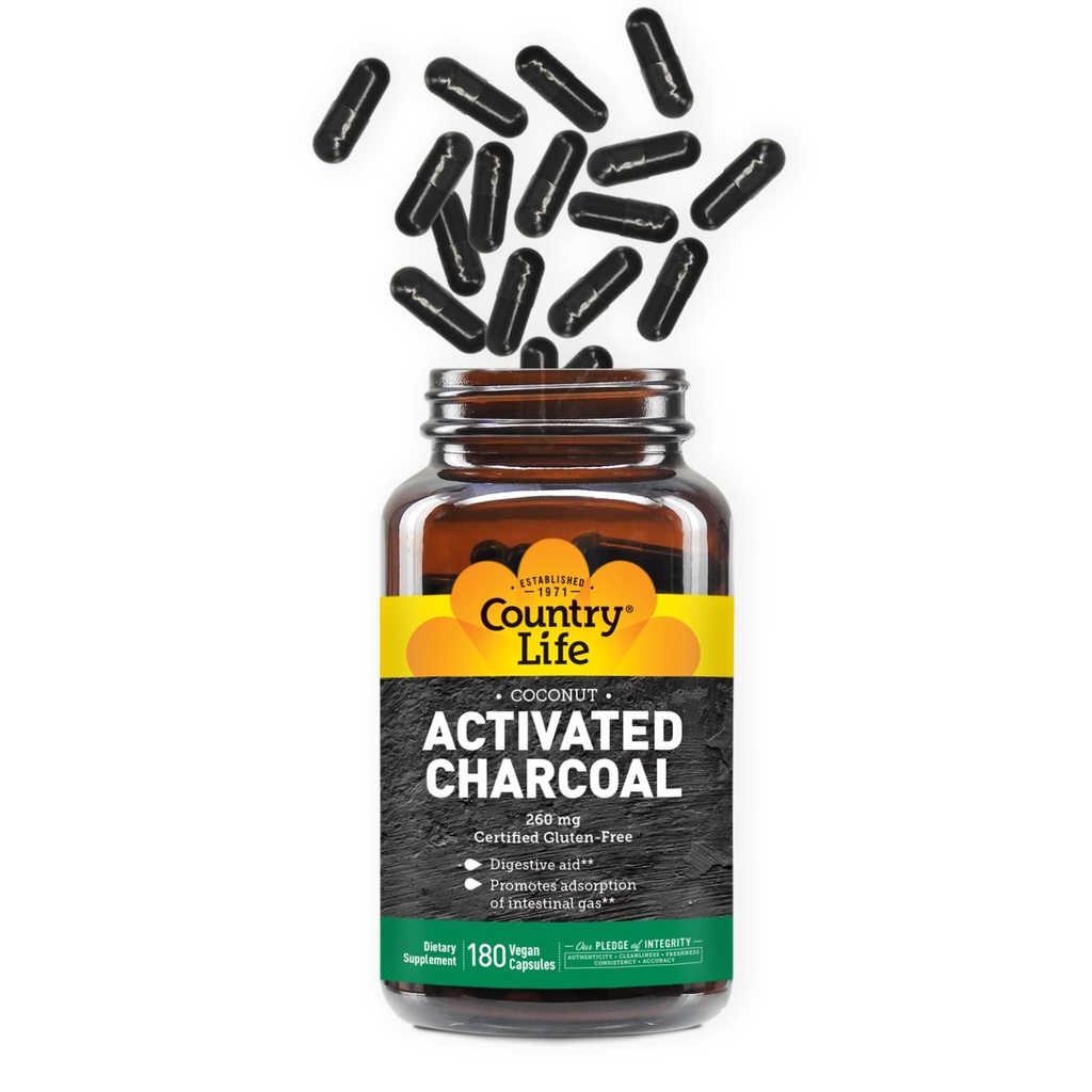 Country Life Activated Organic Coconut Charcoal Capsules, 260mg - Přírodní Charcoal Supplement for Gas and Bloating Relief, Gluten- Free, 180 Vegan Capsules