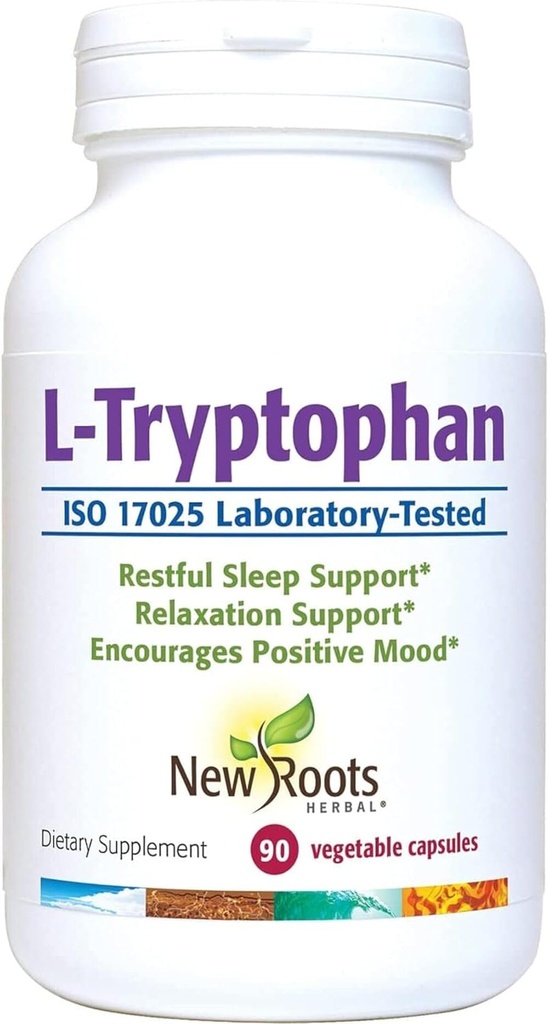 NEW ROOTS HERBAL L-tryptofan dodatek pro spánek (90 kapslí) 220mg, Bylinný dodatek pro zdravý spánek, nálady a Stress Response Support - Gluten- Free, Non- GMO