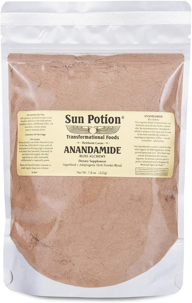 Organic Anandamid 222g by Sun Potion - Raw Neslazený Cacao Powder and Tonic Herbs - Includes Tocos Ashwagandha Reishi Maca Moringa Turmeric Astragalus Cayenne Skořice a další