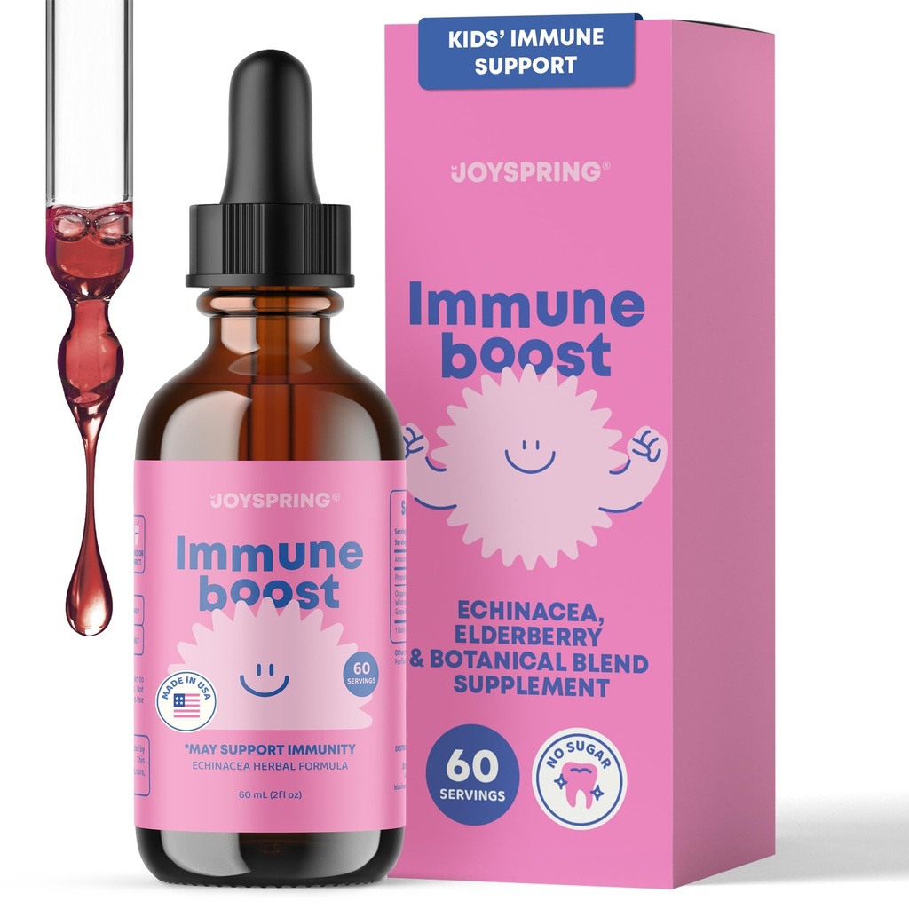 JoySpring Imunitary Drops - Kids Imunitary Support Liquid Supplement (2 fl oz) - Echinacea, Elderberry, Oregon Grape Root, Orange Peel, Vitamíny A, B6, C - Systém přírodní podpory pro děti a dospělé