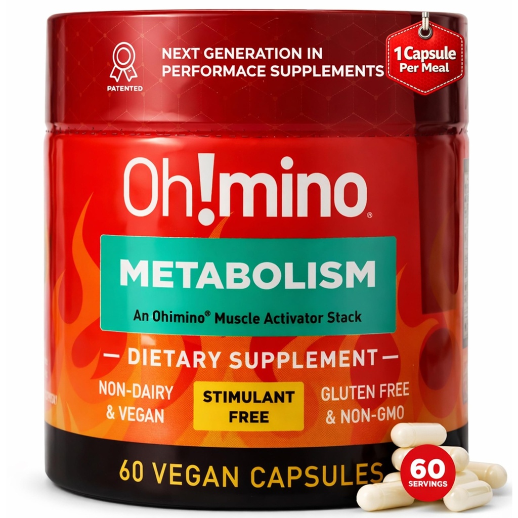 Oh!mino Metabolism Support Supplement for Efficient Fat to Energy Conversion w/L-Carnitine, Phenylcapsaicin, & Vitamin B3 - Non-Jitters, Stimulant-Free, Vegan, Non-Dairy Capsules (60 Servings)
