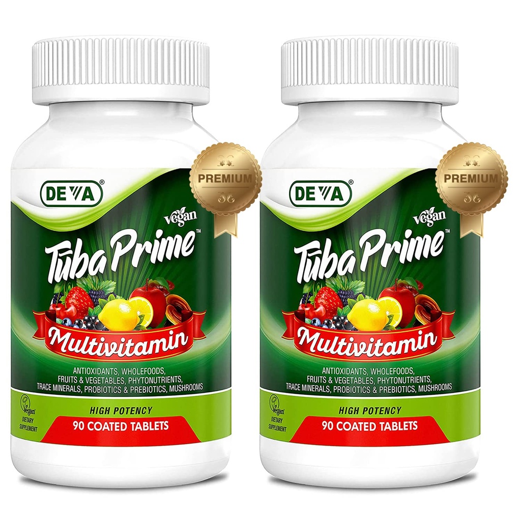 DEVA Tuba Prime Vegan Multivitamin high- potency vitamin a minerální dietní doplněk Antioxidanty, Ovocné a zeleninové směsi, Super Houby, Probiotika, Prebiotika, Semena, Bylinky - 90 Tabs, 2- Pack