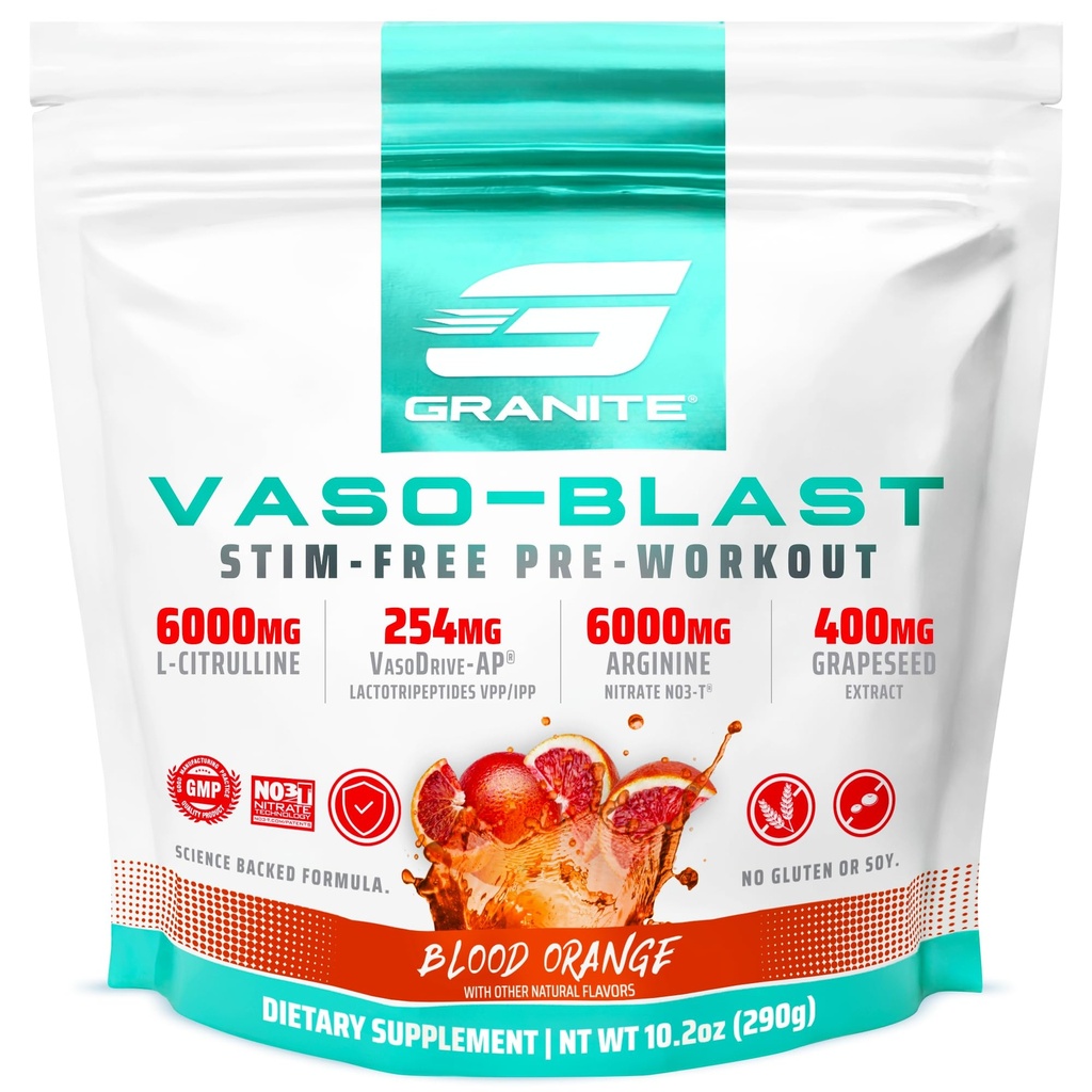 Granitová výživa Vaso Blast Stim- Free Pre Workout - Non- Stim Nitric Oxide Podpora čerpadla, Physique, a Svalová kapacita - Orange krve (290g)
