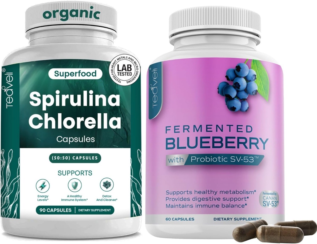 Teaveli Spirulina Chlorella a borůvkové kapsle