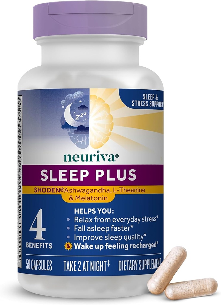 NEURIVA Sleep Plus s 4- in-1 výhodami - Klinicky testované Ashwagandha, L-Theanine & Melatonin - Snížit stres, pád spánku rychleji, Zlepšit kvalitu spánku, probuzení *, 58ct Kapsle