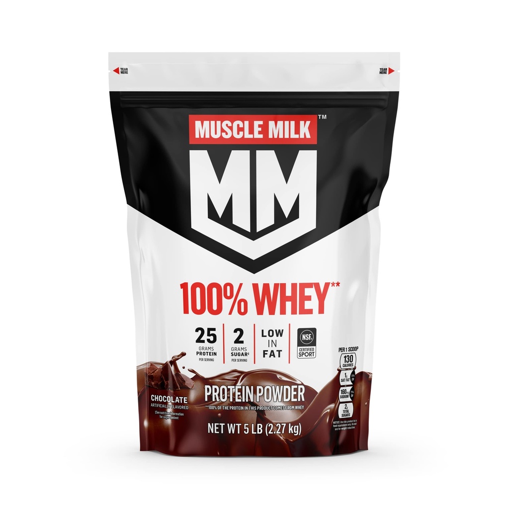 Muscle Milk 100% syrovátkový protein prášek, čokoláda, 5 liber, 66 Servings, 25g protein, 2g cukru, Nízký obsah tuku, NSF Certified for Sport, Energizing Snack, Workout Recovery, Balení May Vars