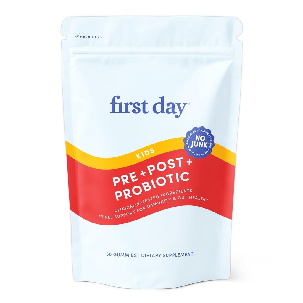 První den Děti Probiotické Gumy - 3 v 1 Probiotika pro děti + Prebiotická a Postbiotická - Prebiotika a Probiotika pro stravitelné zdraví a imunitní podporu - Vegan, Gluten zdarma, 30- denní zásobování