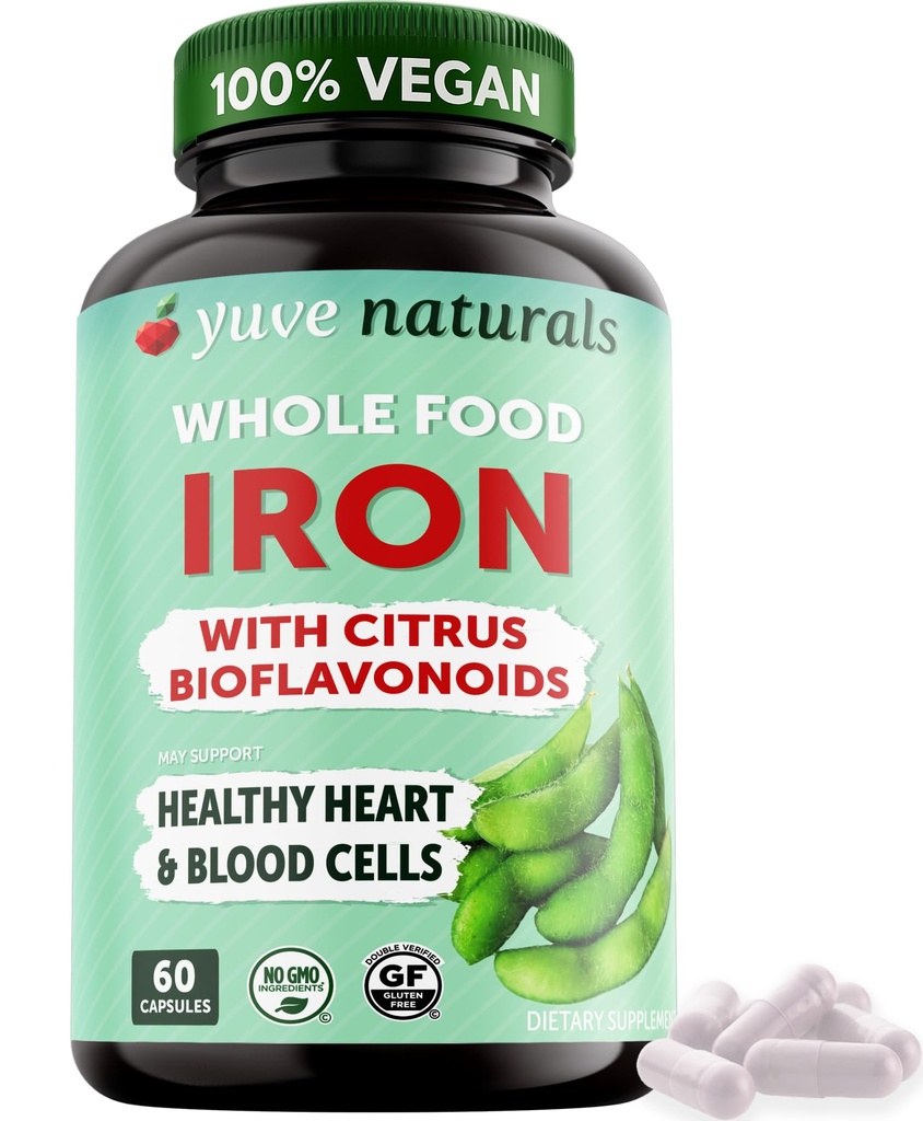 Yuve 100% Vegan celý potraviny Chelated Iron Supplement 18mg - Chutné, non-constipating, Gentle on Stomach, Energy Support - Gluten- Free, Non-GMO, 60 Kapsle
