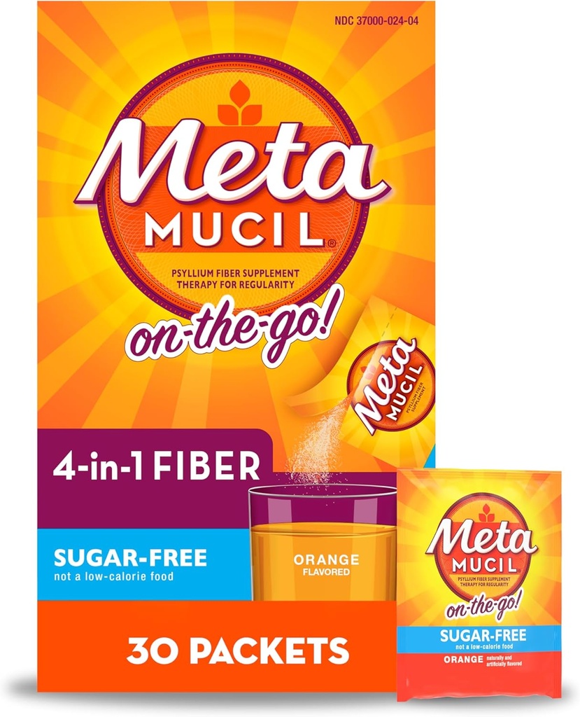 Metamucil On-The-, Psylium Husk Fiber dodatek, 4-in-1 Vlákna pro stravovací zdraví, bez cukru, Orange Flavor, 30 Počet x 2 Balení (60 Počet Celkem)