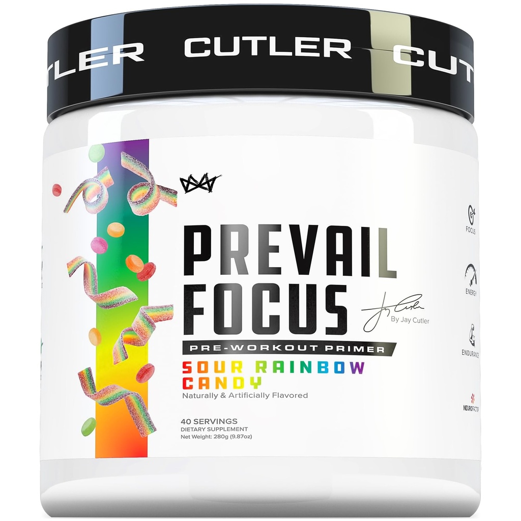 Prevail Pre Workout Powder s Nootropics: Předcvičení nápoj pro muže a ženy, Řezání Edge Energy a Focus Dodatek s L Citruline, Alpha GPC, L Tyrosine 124; Sour Rainbow Candy, 40 Scoops