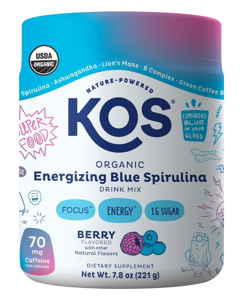 Kos Energizing Blue Spirulina Blend - USDA Certified Organic - B Vitamíny, Ashwagandha, Ginseng, Adaptogeny, Biotin - Vegan Pre Workout Powder - Caffeinated, Berry Ochucené, 28 Služeb