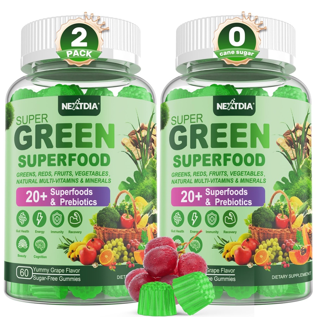 Super zelené žvýkačky, Zelené Superfood Powder Alternative w / Spirulina, Chlorella, Prebiotic Fiber, Probiotický, Ovoce Veggie, Denní ovoce Zelenina pro stravovací & Gut zdraví, Imunita, Focus, 120 Cts