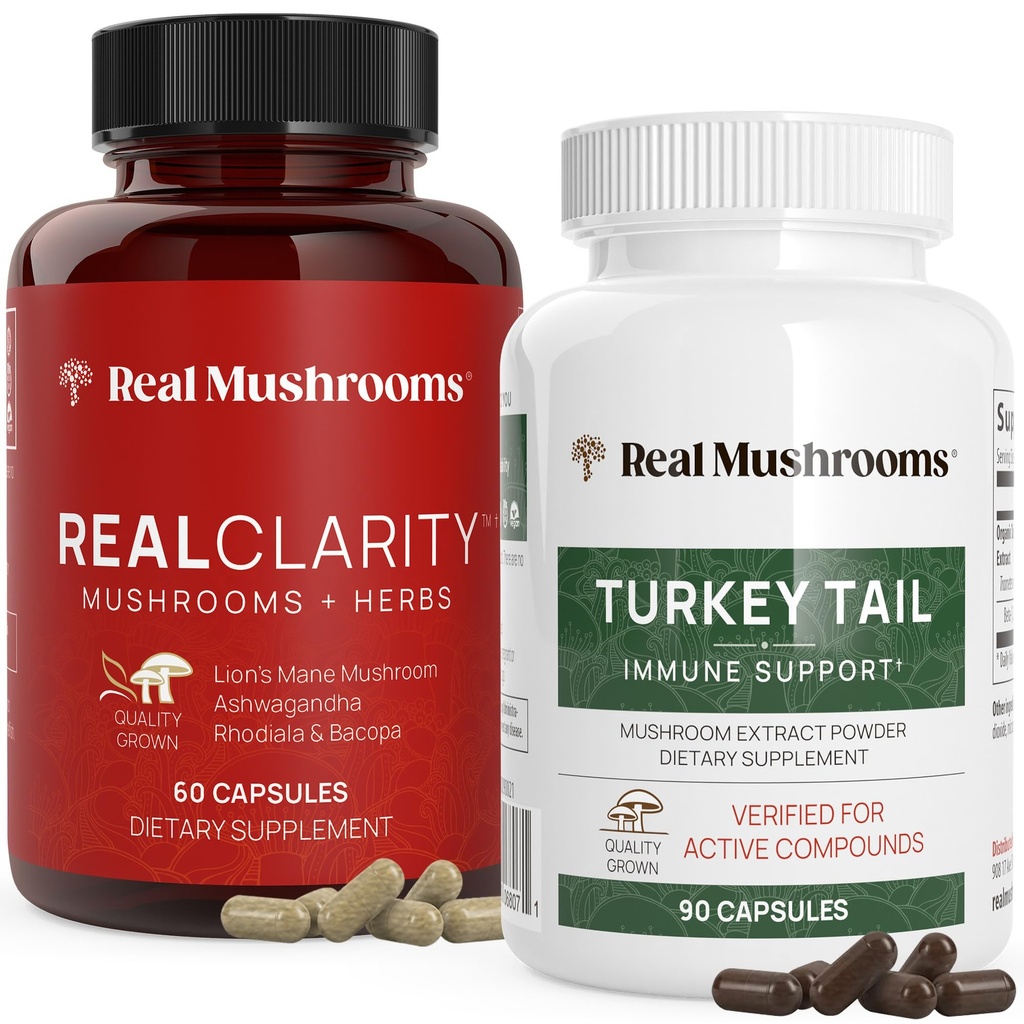 Real Houby RealClarity (60ct) a Turecko Ocas (90ct) Kapsle Bundle - Houbový dodatek pro duševní jasnost, Focus & Imunitation Support - Vegan, Non- GMO, Ověřené úrovně Beta- Glucans