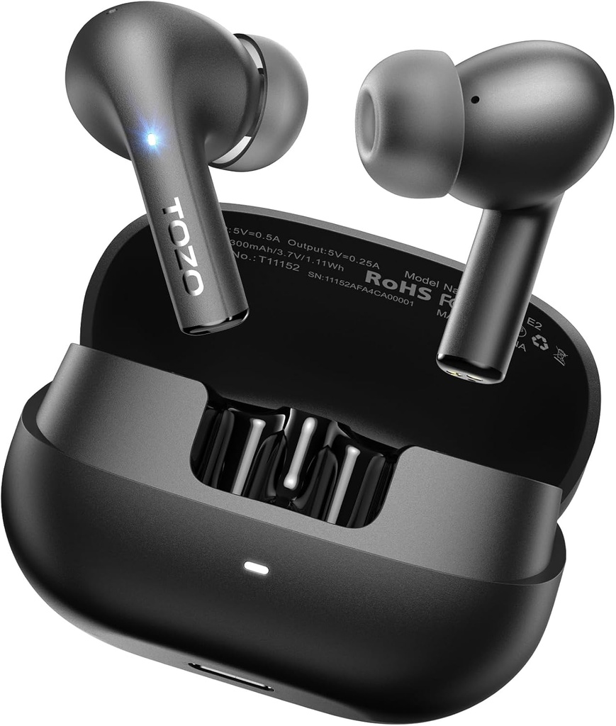 TOZO E2 Bezdrátové sluchátka 10mm Ovladače s Powerful Bass, App Vlastní 32 EQ, s 2 Mics AI Call Noise Storno, 30H Playtime, Bluetooth 5.3 Ušní Budy, Comfort Fit in- Ušní sluchátka