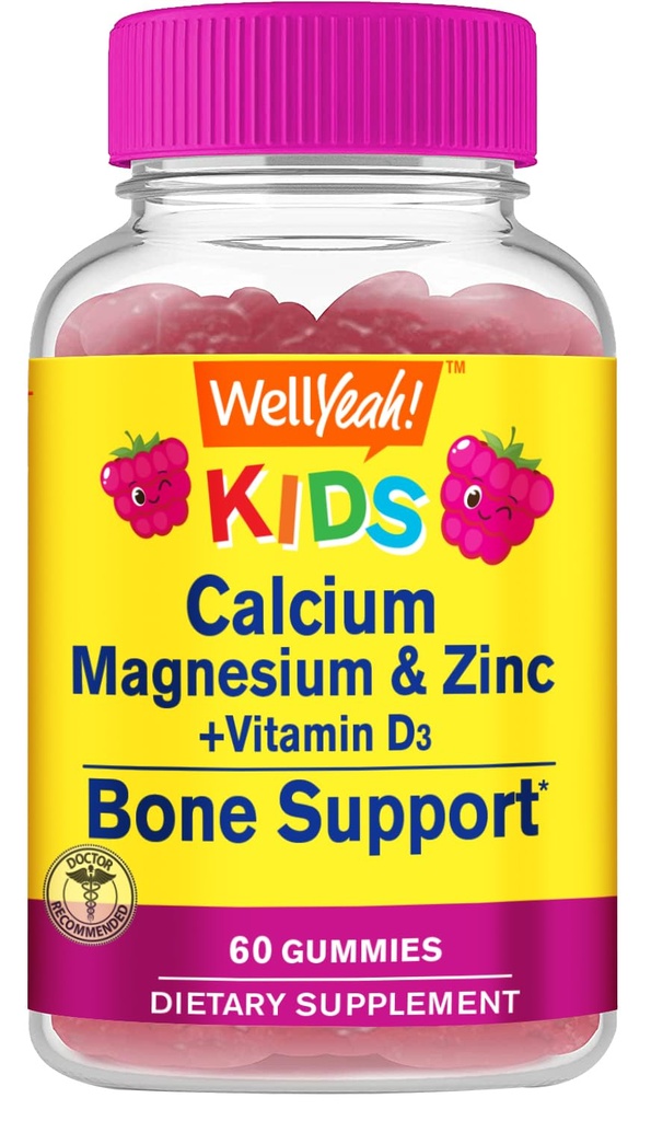 Kid 's vápník, hořčík, zinek + vitamin D3 Gummies by WellYeah FLAN124; Kost, Svalovina a Nerve Zdraví Podpora, Imunitní podpora FLAN124; pro muže a ženy FLAND124; Gluten Free, non GMO FLAN124; Malina Flavor FLAVOR124; 60 Počet