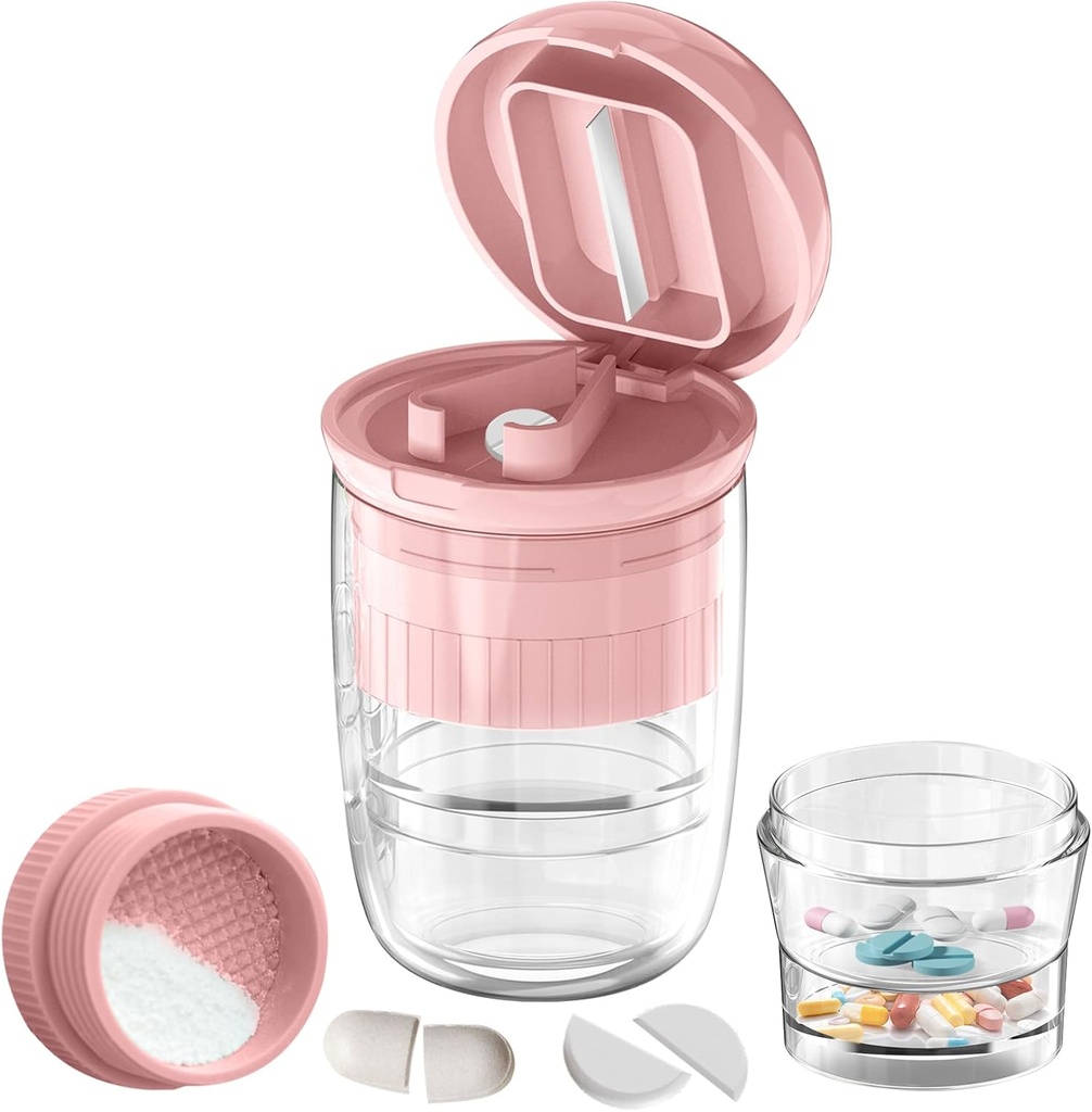Pill Cutter Splitter s Dipenser, Pill Cutter pro malé nebo velké pilulky, rozdrtí pilulky, Vitamíny, Tablety, nerezová ocel čepel, Vyjímatelný pitný pohár (Pink-1)