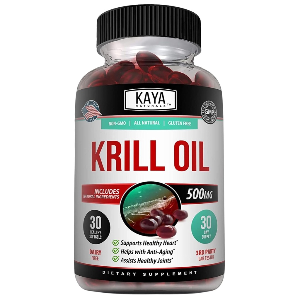 Kaya Naturals - Antarktický krilový olej 500 mg s Omega 3, EPA, DHA, Fosfolipidy a astaxanthin dodatek - Brain & Health Vitamin - Anti Aging dodatek - 30 Count Softgels