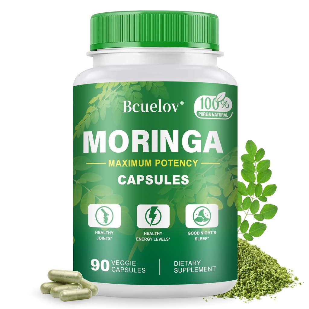 Moringa Kapsle 124; 800mg Čistá Moringa Powder Kapsle - Podporuje energii, kůži & Gut zdraví, imunitní systém - Zelené Superfood s Vitamíny a aminokyseliny (90 kapslí)