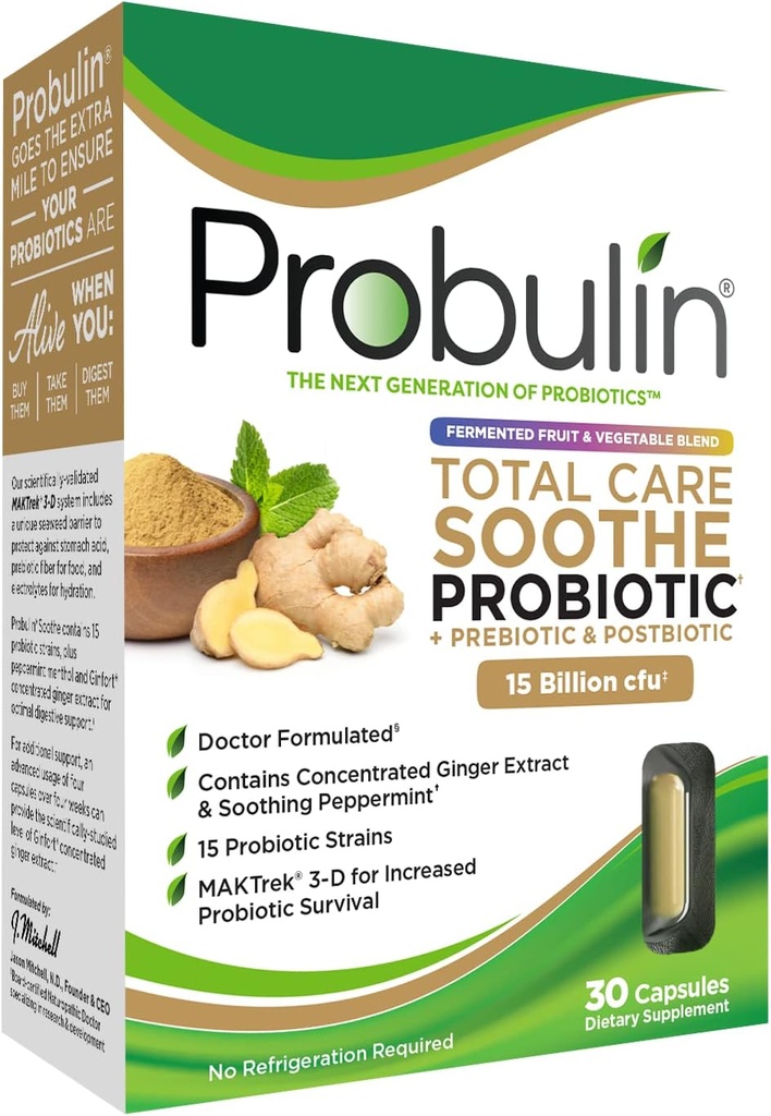 Probulin Total Care Soothe Prebiotic, Probiotic and Postbiotic + Ginger & Mint for Digestive Soothing - 15 Milionů CFU - 15 Stravovacích - 30 Veganských kapslí