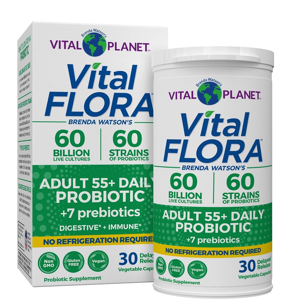Vital Planet - Vital Flora Dospělí více než 55 Denní Probiotická 60 Milionů CFU, Diverse Strains, Organic Prebiotics, Imunitary and Digestive Health Uccable Stabilní Probiotika pro ženy a muže, 30 Kapsle