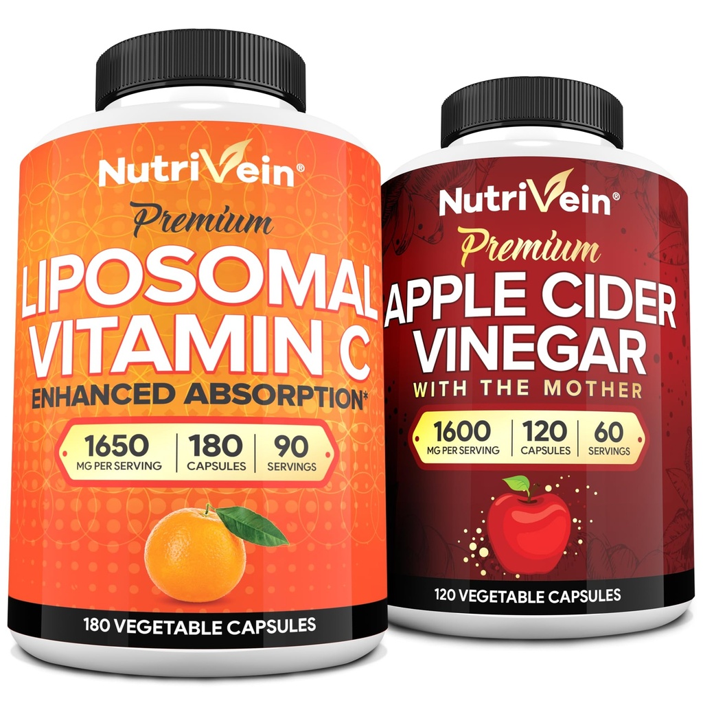 Nutriční Premium Jablečný ocet Kapsle & Liposomální vitamin C doplněk Bundle: High- Absorpce vitamín C Kapsle & Apple Cider ocet doplňky Bundle pro imunitní defenses & Gut zdraví