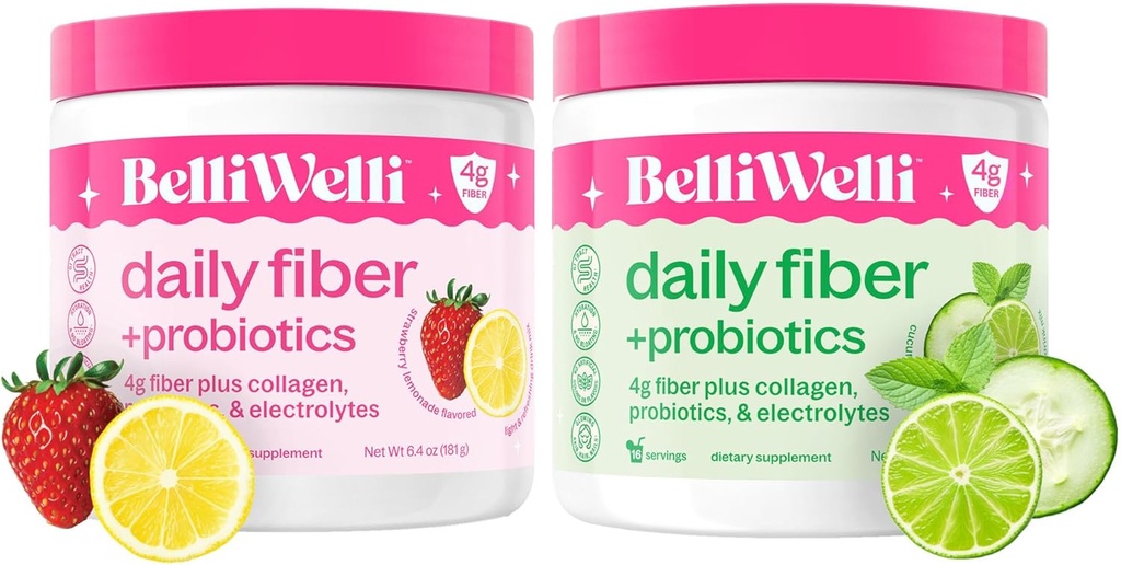Belli Welli Daily Fiber Supplement Duo - Jahodová citronáda a okurková mísa - s kolagenem, probiotiky a elektrolyty - Osvěžující příchutě pro vyvážený Wellness - 32 Celkem