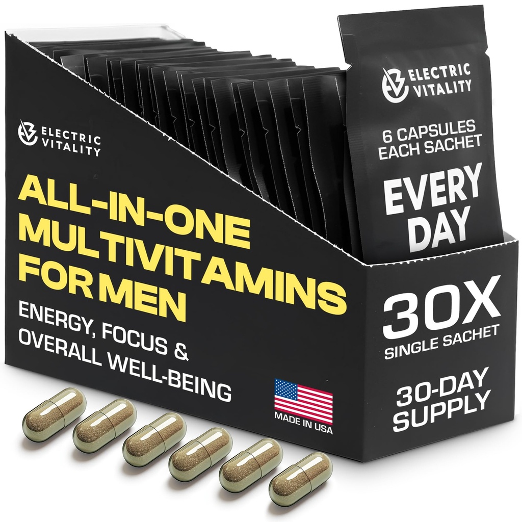 Multivitamíny pro muže - Vše v jednom balení pro energii a soustředění, Mens Vitamíny pro duševní výkon a zdraví, Baleno s Tongkat Ali, Shilijit, Vitamin C, B3, B1, A, B12, 30 Pk