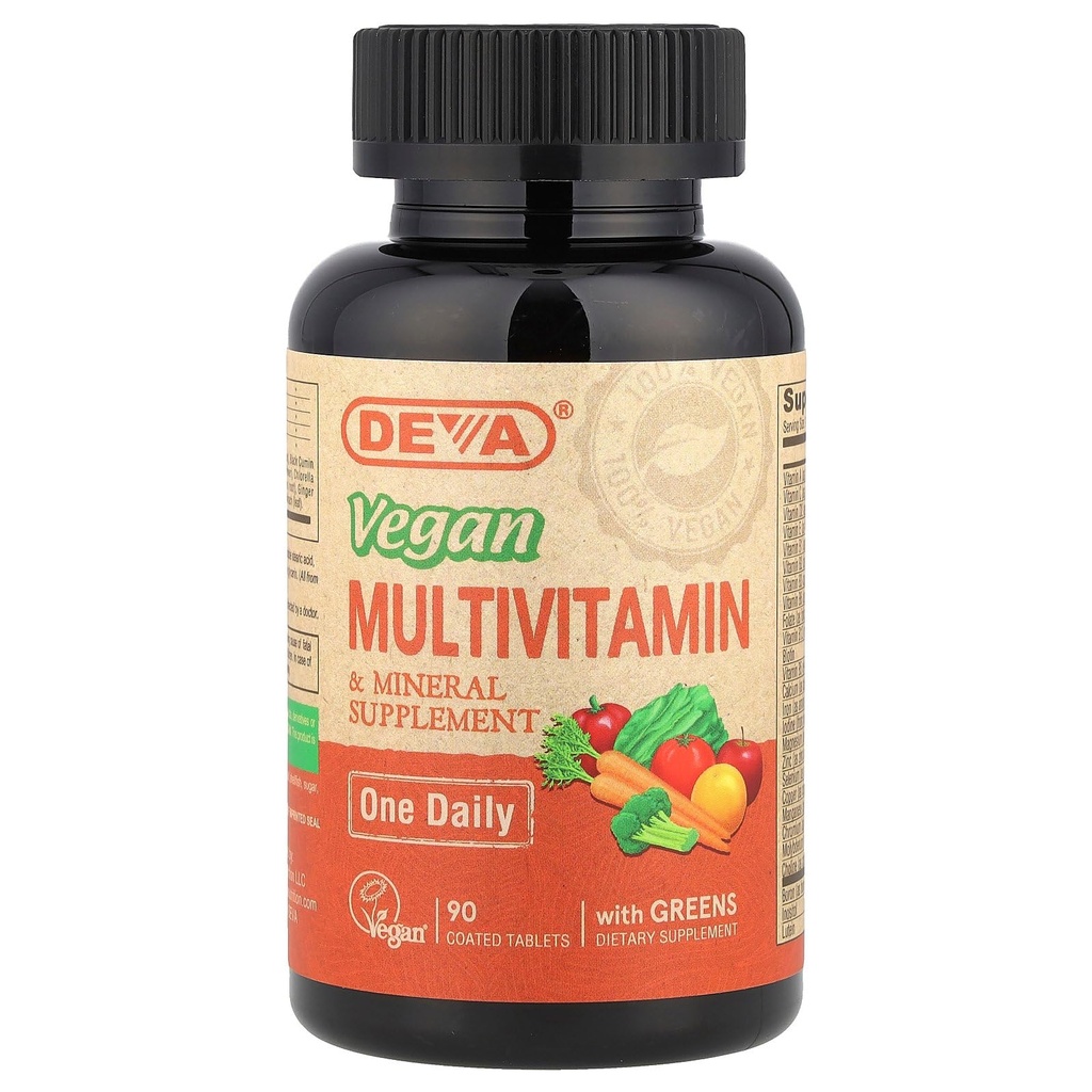 DEVA Malé tablety Vegan Multivitamíny pro ženy a muže, Multivitamin se železem, Minerální dodatek, Vitamin C, Vitamin B komplex, Vitamin B12, Vitamin E, Zinek, Lepek zdarma, 90 tablet