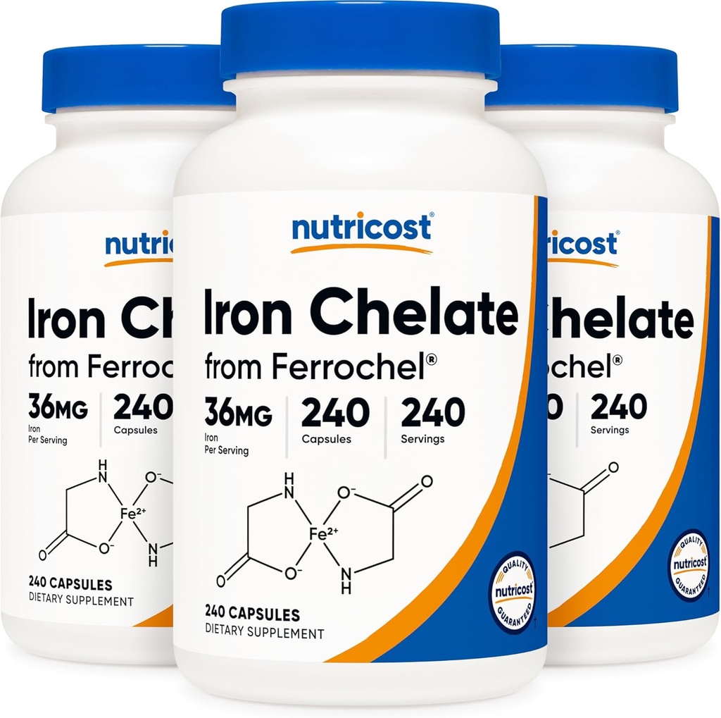 Nutricost Chelated Iron, As Ferrochel, 36mg, 240 tobolek (3 lahvičky)
