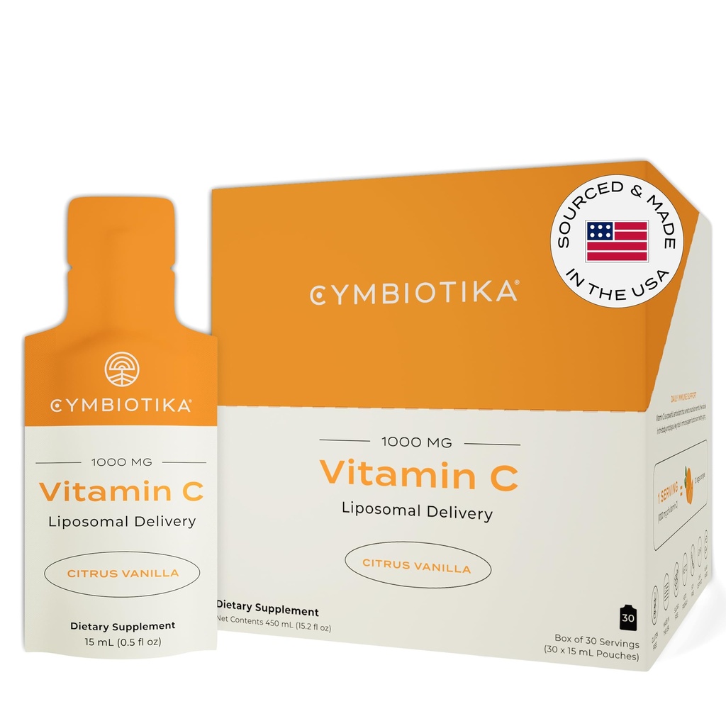 CYMBIOTIKA Vitamin C Individuální balíčky, Liposomální dodávka, dodatek pro imunitní podporu, Kolagen Boost, & Zdravé stárnutí, Skin Hydration Packets, Citrus Vanilla Flavor, 30 Počet