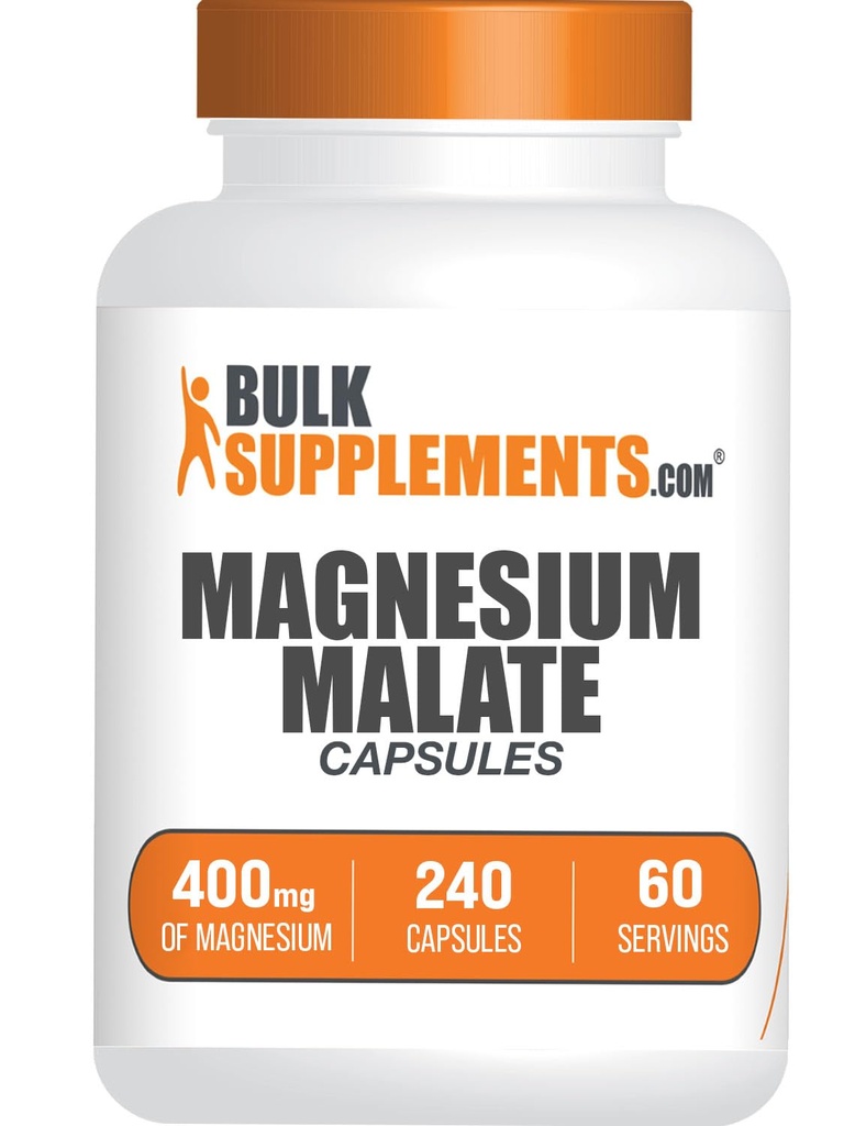 BulkSupplements.com Malate Magnesium Kapsle - Hořčík Dodatek, Malate Magnesium 400mg - Essential & gluten zdarma, 4 Kapsle per Serving, 240 Počet (Balení po 1)