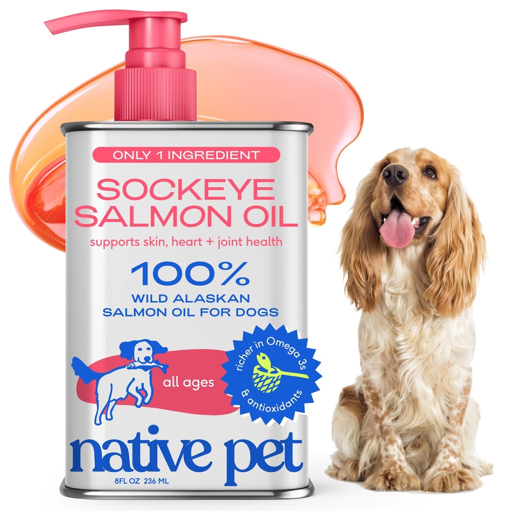 Native Pet losos olej pro psy a kočky - čistý Omega-3 Rybí olej pro psy doplněk pro kůži & Coat, Joint & Heart Health - Dog Anti- Zánětlivý - 100% Wild-Caught Alaskan Sockeye Salmon - 8 oz