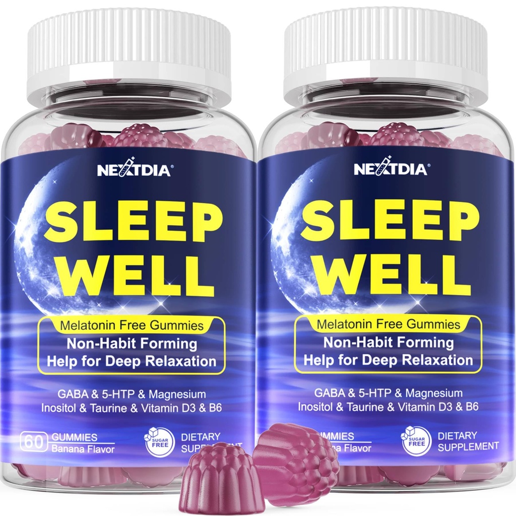 Melatonin Free Sleep Gummies s magnesium Glycinát, GABA, 5-HTP, L-Theanine, Valerian, Heřmánek, Lemon Balzám, Vitamin D3 & B6 - Hormon & Drug-Free, Non- Habit Forming, 2 Pack