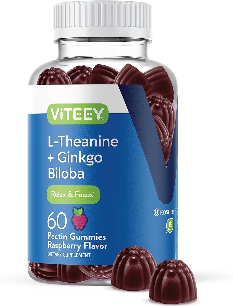 Viteey L- Theanine Gummies s Ginkgo Biloba pro dospělé - AIDS v Focus & Relax, Zlepšit Mood - Non GMO, želatina zdarma, Vegan, gluten zdarma, přirozeně sourced žvýkací chuť Raspberry ochucené Gummy