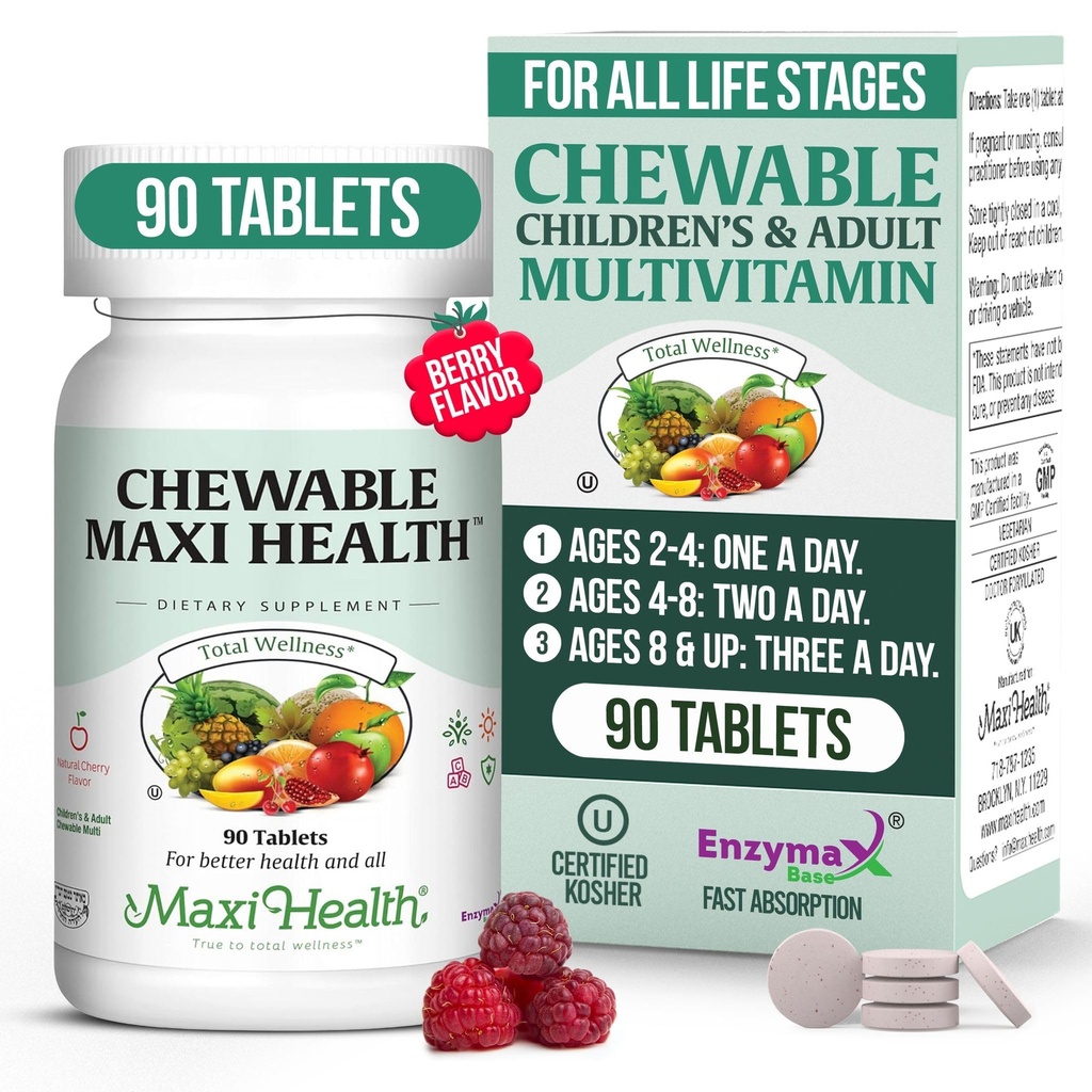 Maxi Health Chewable Multivitamin pro děti, dospívající a dospělé - Cherry Chewable Vitamíny pro dospělé a děti - Kosher Kids Multivitamin + železo (90 tablet)
