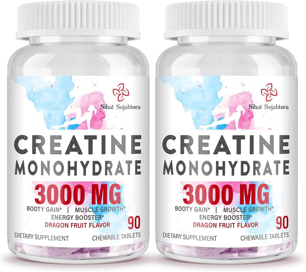 3000 MG Creatine Monohydrát pro ženy a muže, Creatine pilulky s BCAA & Hydrolyzované kolagen Creatin žvýkací tablety pro výkon a obnovu, síla, Dragon Fruit Flavor, 180 Tablety