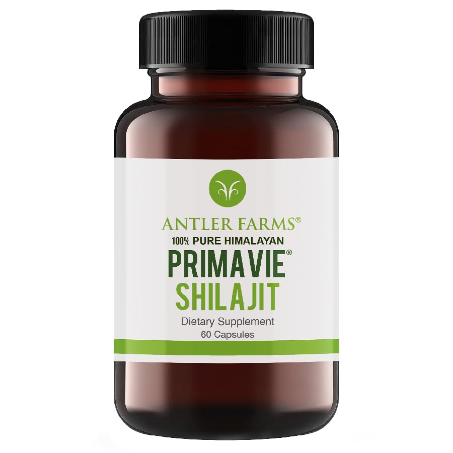 Antler Farms - 100% Pure PrimaVie Shilajit pro muže Extract, 60 Kapsle, 250mg - Standardizované na 50% Fulvic Acid, Wild Harvested Resin z Himalájí, Výkonný Adaptogenní dodatek