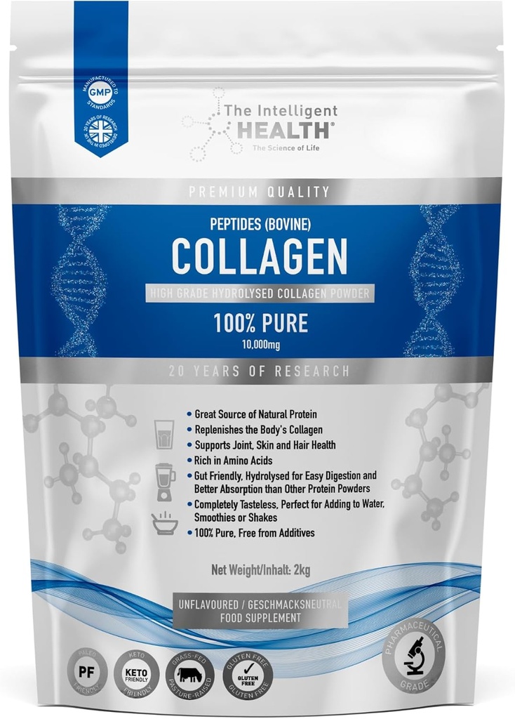 Inteligentní zdraví Hydrolyzované Kolagen Peptidy Powder, Tráva Fed, Vysoký protein, Neochucené, Gluten- Free, Paleo & Keto Friendly, 10g na Serving (2kg) Podporuje pleť, vlasy, hřebíky, klouby, & kosti