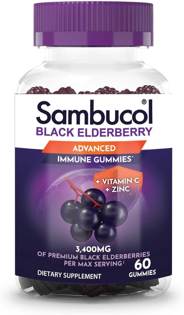 Sambucol Black Elderberry Gummies - Elderberry se zinkem a vitamínem C pro dospělé, Sambucus Gummies, Imunitní podpora - 60 Počet