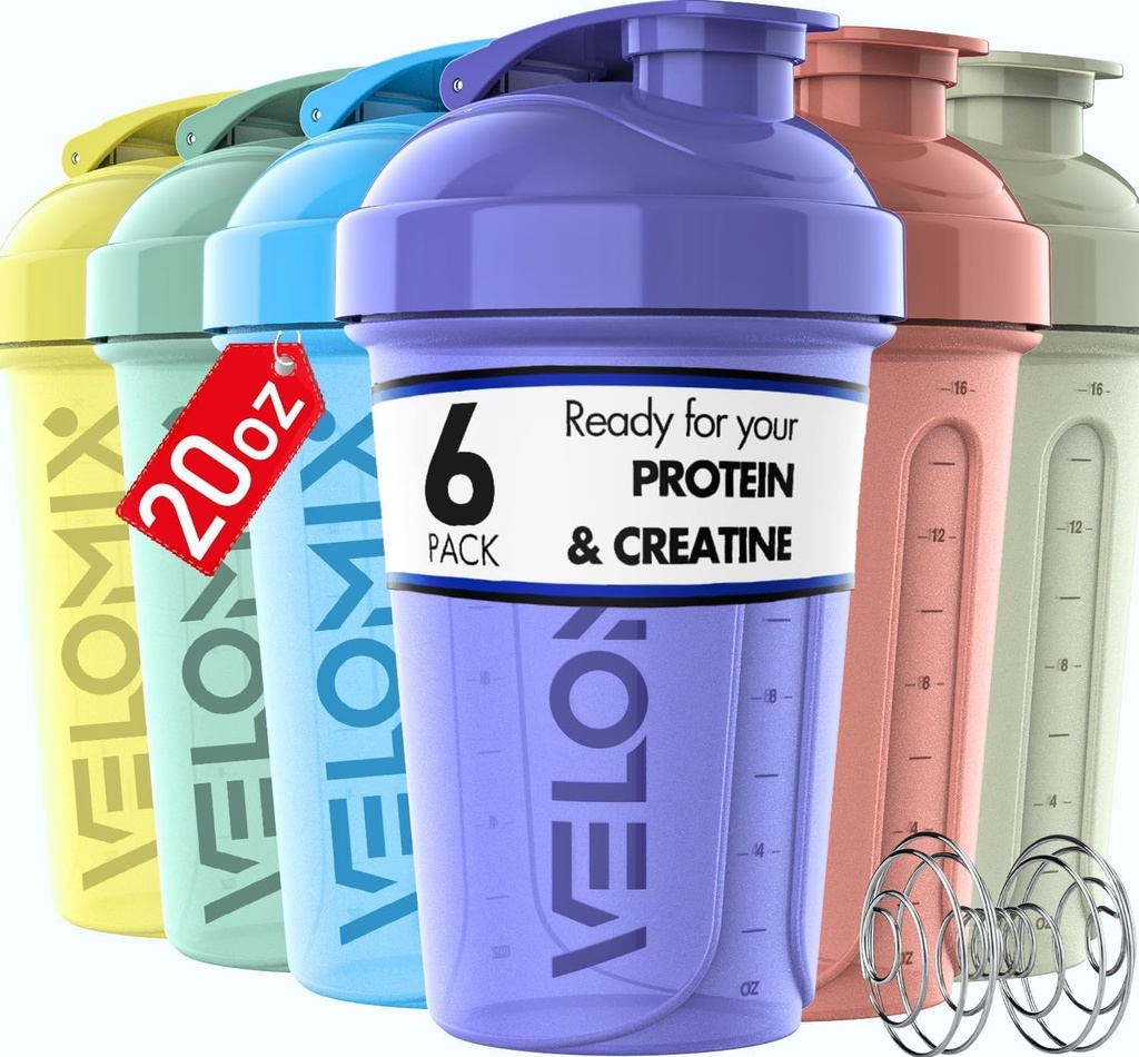 VELOMIX -6 balení - 20 oz Lahvička s proteinem pro proteinové směsi - 6x Wire Whisk CUP124; Leak Proof Shaker Cups pro protein Shakes CUP124; Stackable Protein Shaker Bottle Pack CUP124; Myčka nádobí Safe (Pastel Shades)