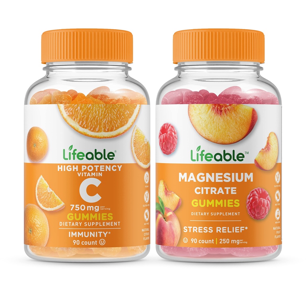 Živý vitamín C 750mg + hořčík 85mg, Gummies Bundle - Velký příchuť, doplněk vitamínu, gluten zdarma, GMO zdarma, Žvýkací žlab