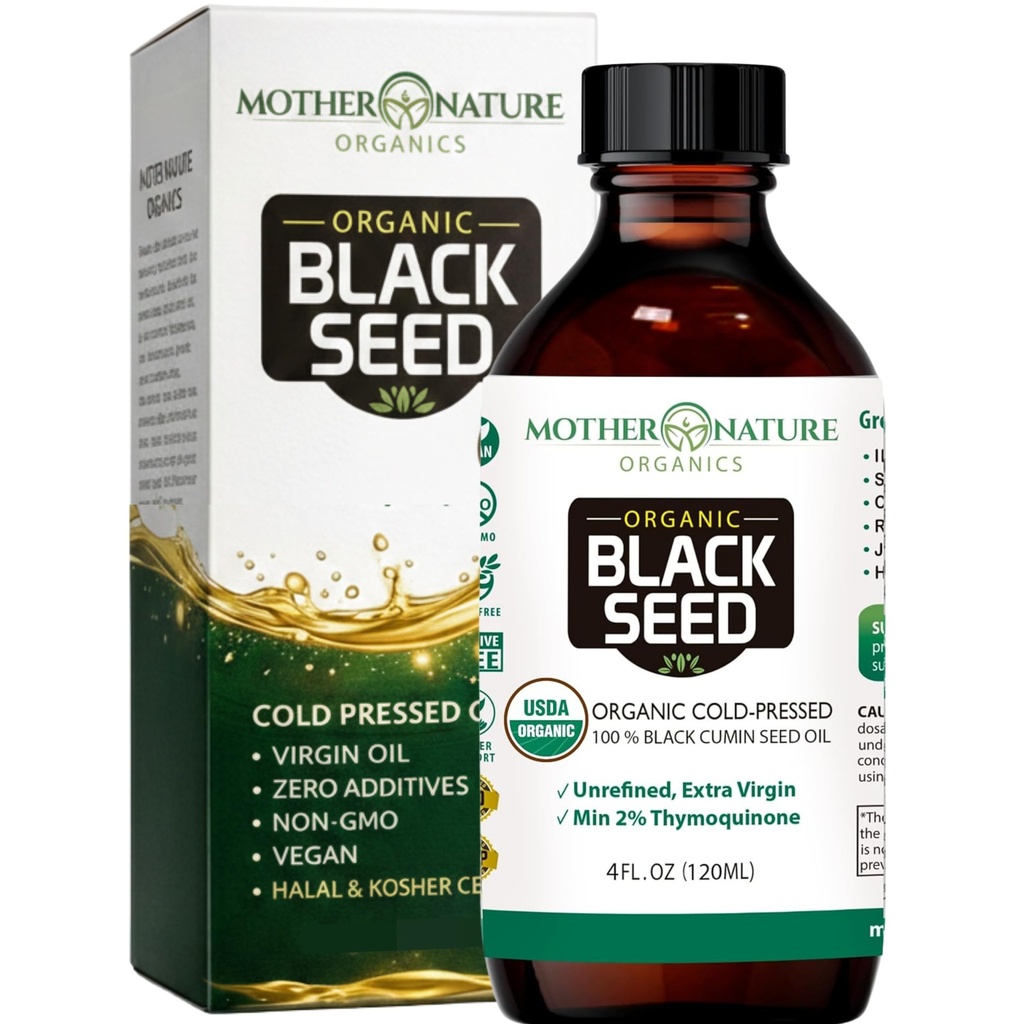 Matka příroda USDA Organic Black Seed Oil - Cold Pressed, Nerafinovaný & Vegan Nigella Sativa, High Thymoquinone (2% +), Omega 3 6 9 pro imunitní, Joint & Heart Support, Hair & Skin, Non- GMO, 4oz