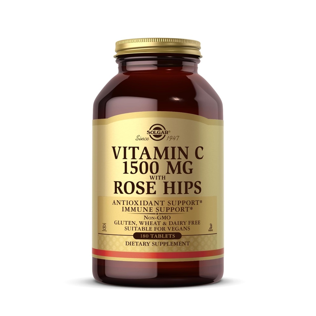 Solgar Vitamin C 1500 mg s Rose Hips, 180 Tablety - Antioxidant & Imunitní podpora - Celkové zdraví - Podporuje zdravou pleť & spony - Non GMO, Vegan, Gluten Free, Dairy Free, Kosher - 180 Služeb