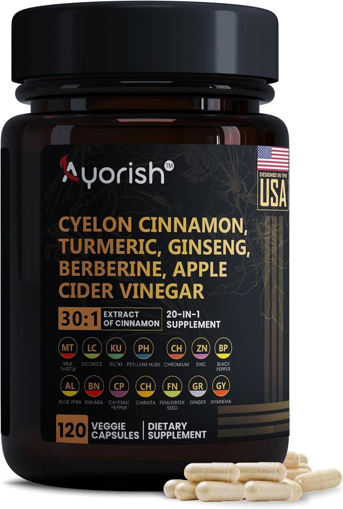 Ceylon Skořice Kapsle 30: 1 Extrakt Ekvivalentní s 9000mg CUR 124; Turmeric, Ginseng, Apple Cider Ocet Berberine Plus Bitter Melon Gymnema, Kutki, Chirata 120 Veg Kapsle - 60 dní dodávky