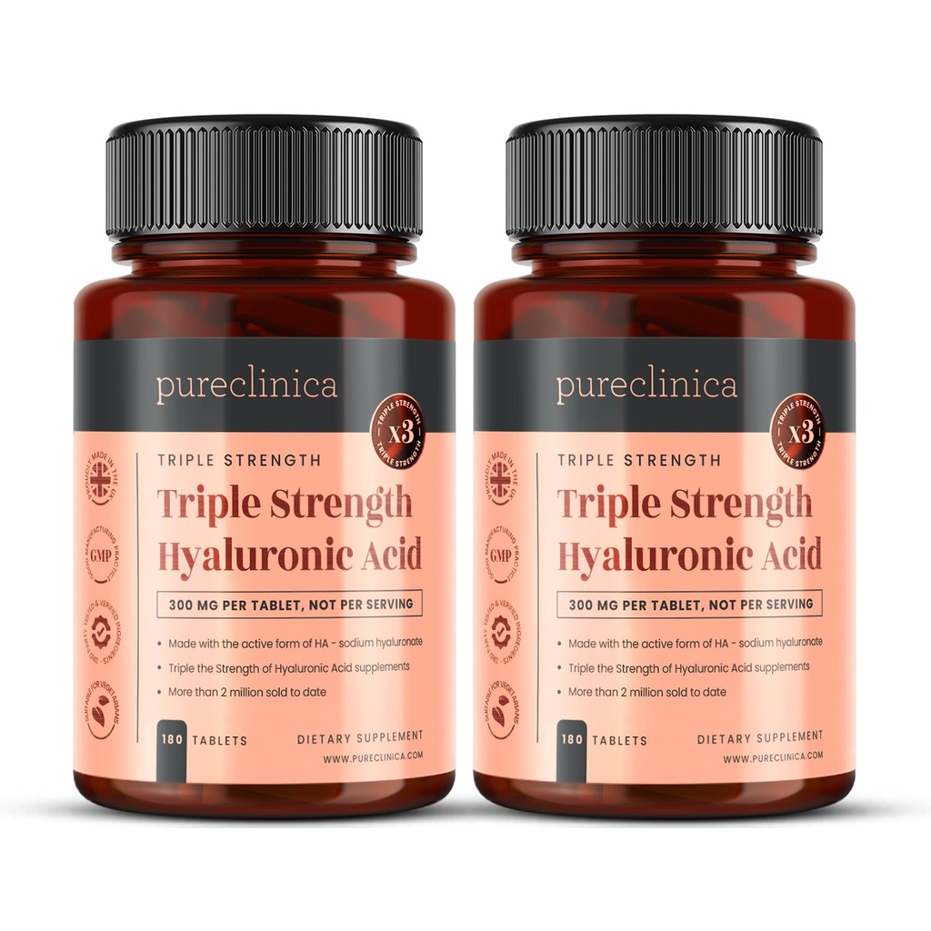pureclinica Hyaluronic Acid 300mg x 360 tablet (2 láhve 180- 12 měsíců). Triple Strength Hyaluronic Acid. 300% silnější než jakákoliv jiná HLA tableta.