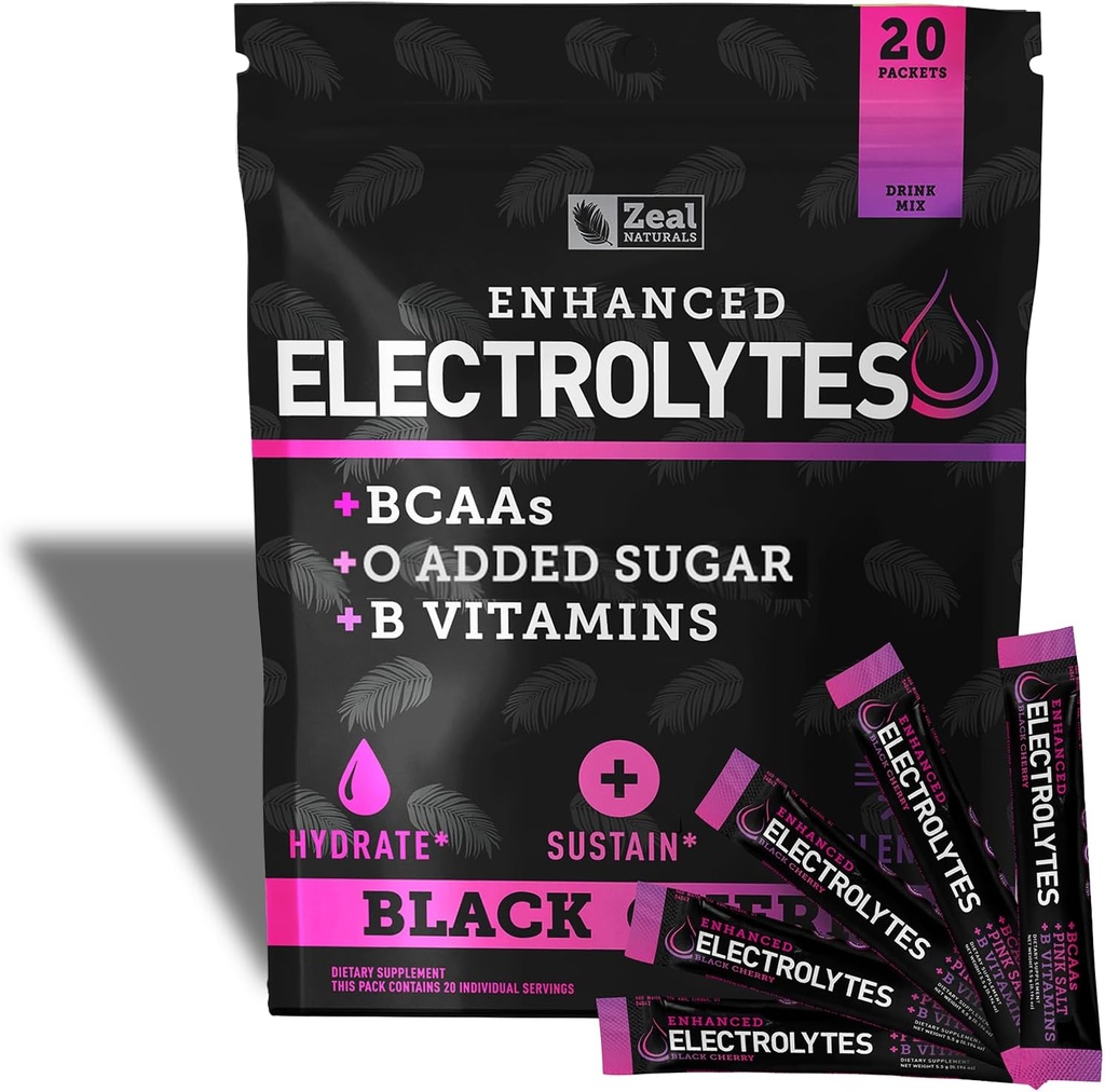 Vylepšené Electrolyte Powder Stick Packs (Black Cherry CLANEK 124; 20 Packets) w / 0 Cukr + BCAA + B-Vitamíny Electrolyte Supplement w Draslík Zinek & Magnesium pro hydrataci - Keto Electrolytes