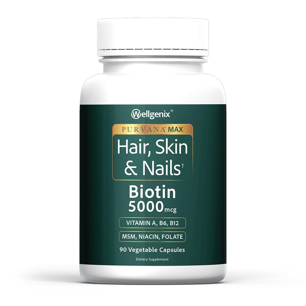 Wellgenix Purvana Max vlasy, kůže a nehty Vitamin: Biotin 5000mcg pro zvýšený růst vlasů, Hair Prevence pro ženy a muže, Vegan, Ideální pro Post Partum & PCOS, 90 Počet, Balení 1
