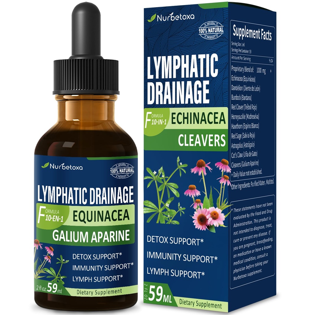 Cleavers Lymfatické odvodnění Kapky pro Lymfatické systém Detox Čistota, Lymfedém Supplement Formule w / Echinacea, Kočičí dráp, Červený jetel extrakt Tinktura, Použití s Lymfam masážní nástroj. 2oz