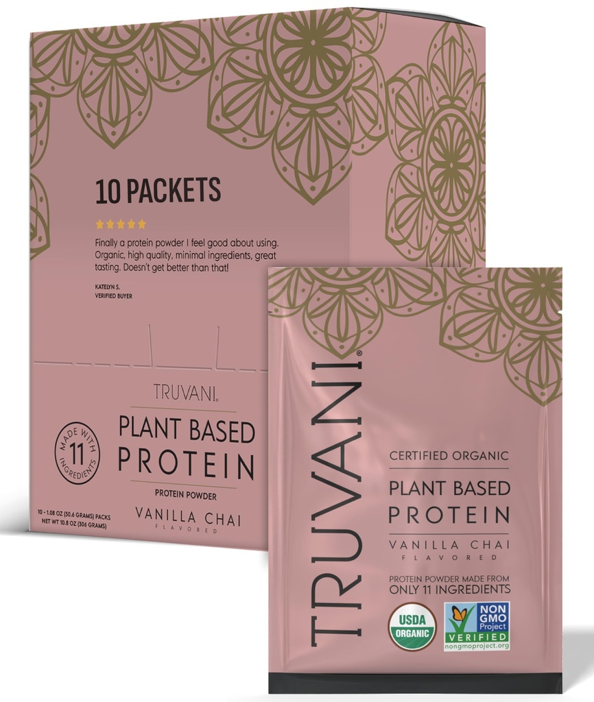 Truvani Vegan Pea Protein Powder 124; Vanilla Chai CLANE124; 20g Organic Plant Based Protein CLANE124; Single Serving Travel Packets CLANE124; 10 Servings CLANE124; Keto CLANE124; Gluten & Dairy Free CLANE124; Low Carb CLANE124; No Add Sugar