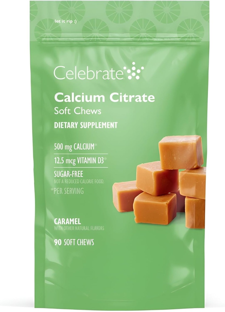 Oslavte vitamíny Bariatric 500 mg vápníku Citrát měkké žvýkačky s 500 IU vitaminu D3 - esenciální pro gastrické bypass pacientů & zdraví kostí - cukr & gluten zdarma, karamel (90 Chews)